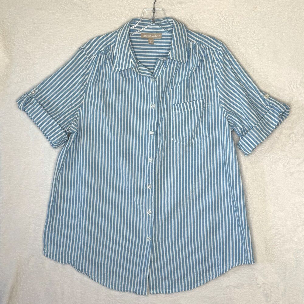 Woman Within Blue Seersucker Striped Shirt Roll Tab Short Sleeve Button Front 14